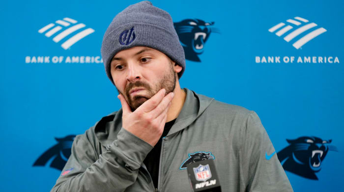 Former Panthers quarterback Baker Mayfield speaks to media after a loss.